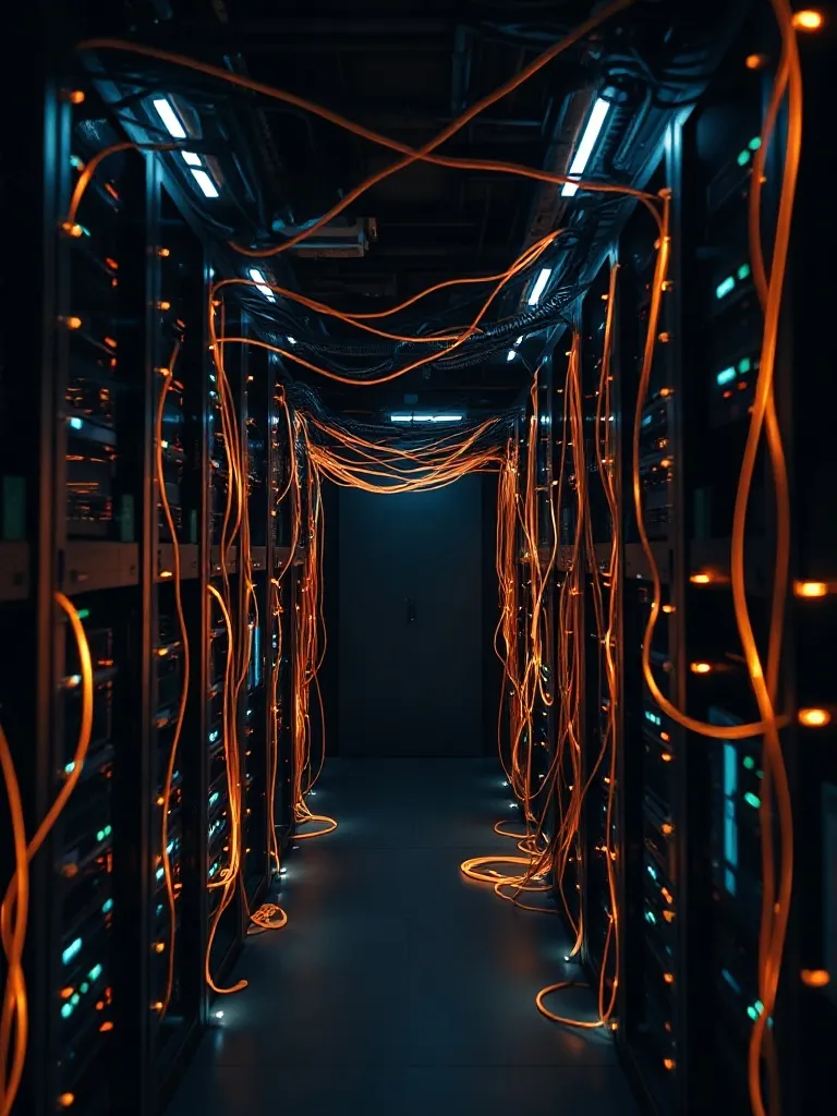 A dark data center room with glowing fiber optic cables, int