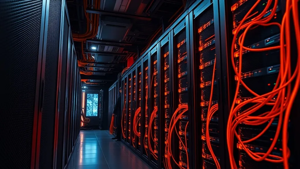 A high-tech server room with glowing orange fiber optic cabl